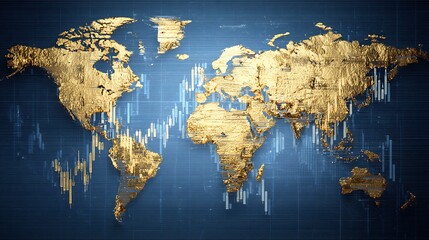 Global commodity markets such as oil, gold, metals are displayed as a composite graph on a world map.