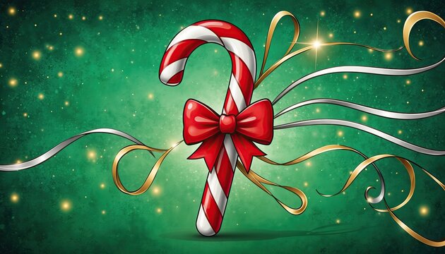 Festive Christmas Candy Cane with Red Bow and Ribbons on Green Background.