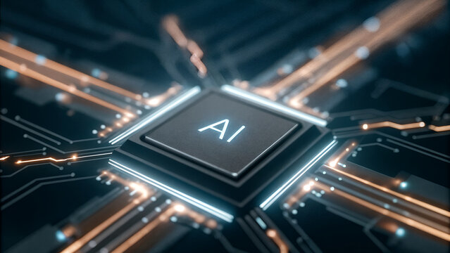 A glowing AI-powered microchip embedded in circuitry represents advanced computing, machine intelligence, and the next generation of neural processing technology.