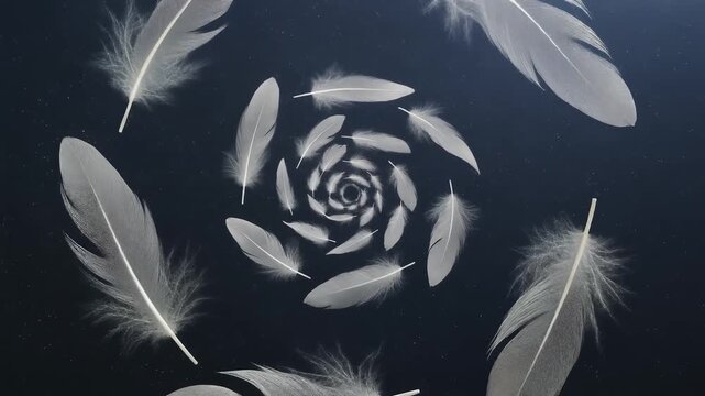 静かに舞う羽根が描くスピラルが癒しと自由を象徴する幻想的シーン