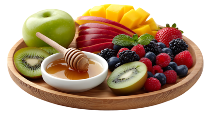 Fresh assorted fruits and berries with honey in a wooden bowl