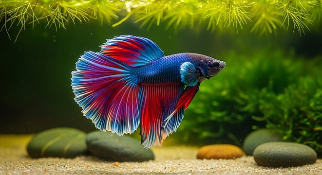 Vibrant Siamese Fighting Fish Swimming in a Freshwater Aquarium.