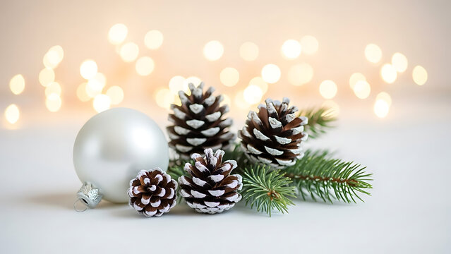 A row of frosted pinecones and green fir branches with a white Christmas bauble, set against a soft background with glowing bokeh lights. Perfect for winter, holiday, and Christmas decoration themes.