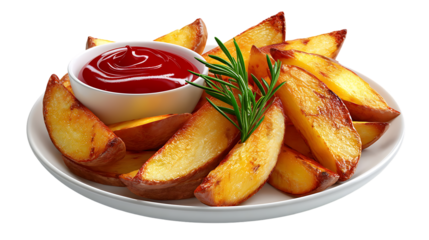 Crispy potato wedges served with ketchup and rosemary garnish