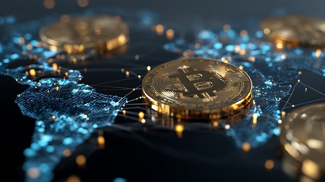 Global Crypto Market Overview with BTC, ETH, USDT icons linked to the world map.