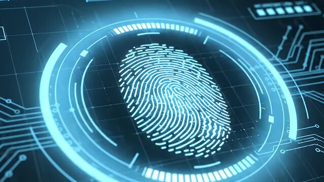 Biometric fingerprint scan on a futuristic blue digital interface - Powered by Adobe