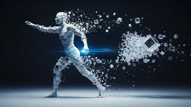 Futuristic humanoid robot disintegrating into cubes, showcasing advanced technology and artificial intelligence