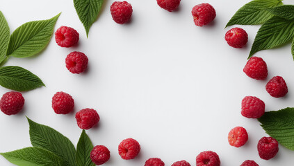 Fresh raspberries surrounded by green leaves on a white background