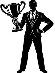 Businessman Holding Winner's Trophy Silhouette - Achievement Award Vector