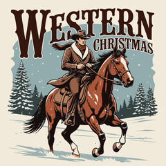 Vintage logo badge of cowboy riding horse pine tree forest landscape winter christmas concept. Old retro editable vector illustration for tshirt design