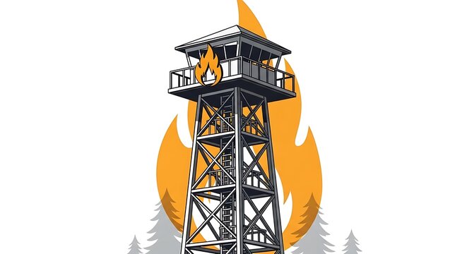 Burning Fire Lookout Tower with Flames and Trees Illustration.