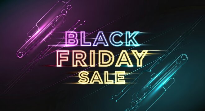 Black friday sale neon text with glowing light effects on dark background