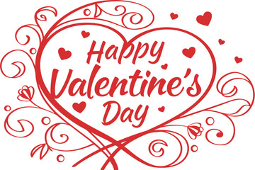 Happy valentines day text in a decorative red heart shape with swirls and small hearts