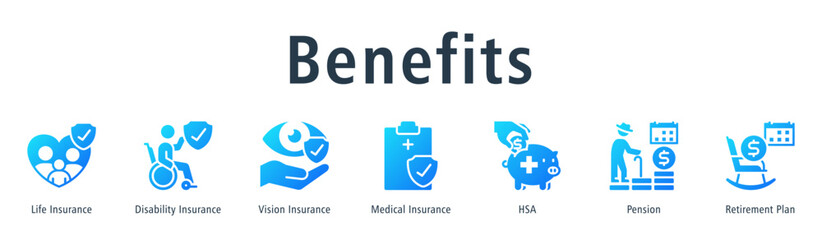 Benefits  Web Banner Glyph Gradient icon vector illustration concept with icon of life insurance, disability insurance, vision insurance, medical insurance, hsa, pension and retirement plan
