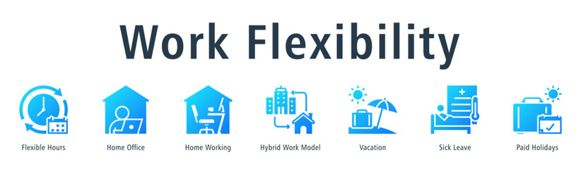 Work Flexibility Web Banner Glyph Gradient icon vector illustration concept with icon of flexible hours, home office, home working, hybrid work model, vacation, sick leave and paid holidays