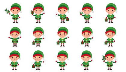 Fototapeta premium Christmas Elf Characters in Various Poses with Gifts and Decorations.