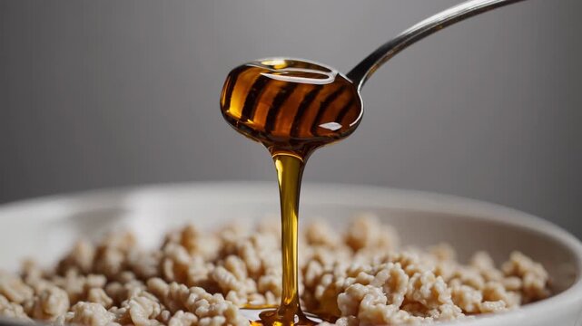 Honey flowing from a spoon, creating golden streaks as it drizzles down onto a bowl of crunchy breakfast cereal, symbolizing healthy eating and a sweet morning start