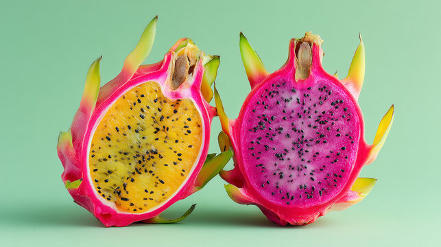Fresh dragon fruit sliced open on a light green backdrop for vibrant display