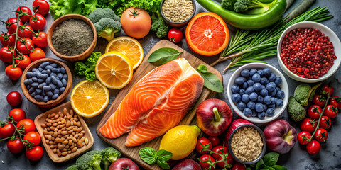 Vibrant salmon fillet with fresh vegetables and fruits for a healthy lifestyle concept, perfect for nutrition blogs, diet plans and wellness programs