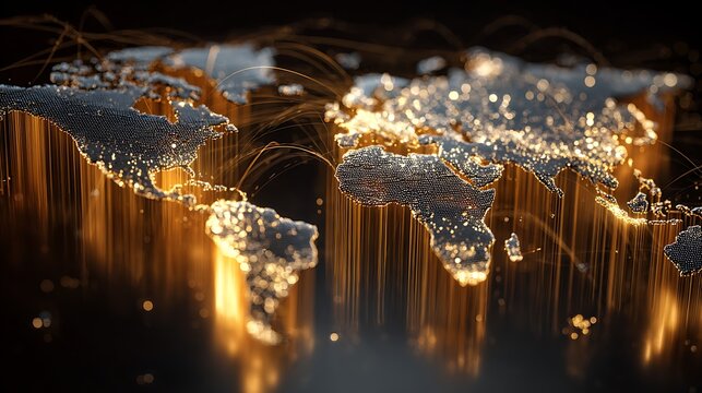 global tech investment flow, gold capital streams entering tech hubs on glowing world map, modern high-tech financial design