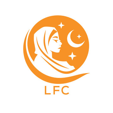 LFC Elegant Muslim Woman Logo with Moon and Stars. LFC Islamic Beauty, Modest Fashion & Hijab. LFC Brand Icon.
