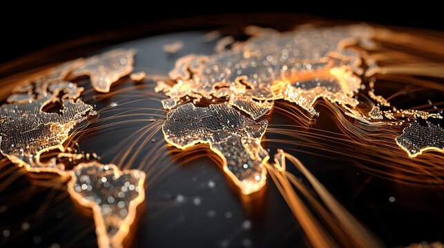 global tech investment flow, gold capital streams entering tech hubs on glowing world map, modern high-tech financial design