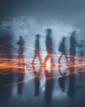 global workforce migration, silhouettes moving across glowing world map, economic flow lines