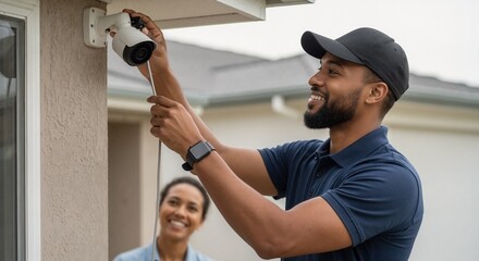 Professional technician installing home security camera outdoors. Smiling worker providing installation service for happy customer. Home safety and surveillance technology