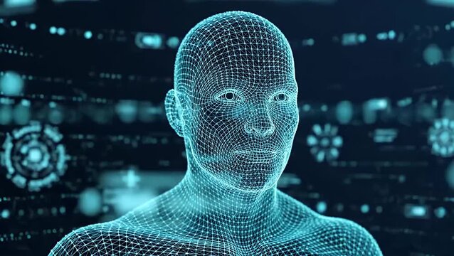A glowing blue wireframe head representing artificial intelligence