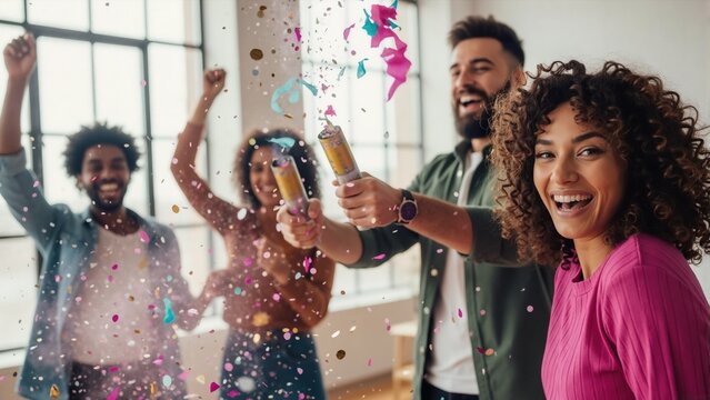 Happy diverse group of friends celebrating with confetti poppers. Young colleagues having fun at corporate party. Success and achievement concept - Powered by Adobe