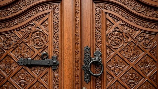 Close Up of Ornate Wooden Double Doors with Intricate Carvings and Black Metal Hardware