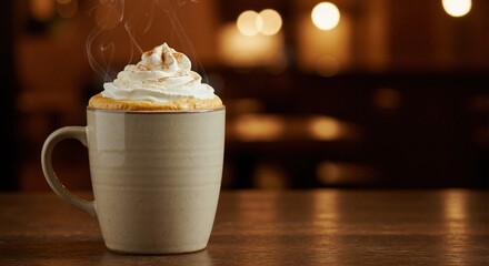 Hot pumpkin spice latte with whipped cream in cozy cafe. Steaming autumn coffee drink on wooden table with warm bokeh background and copy space