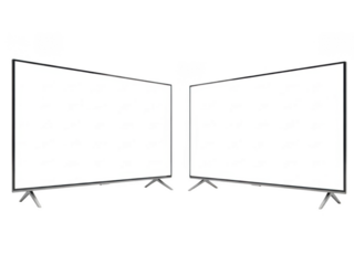 Modern curved screen televisions displaying gray screens in a symmetrical arrangement transparent background