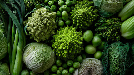 Exploring diverse green vegetables arranged in a creative pattern