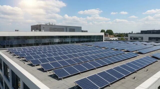 Solar panels array on building roof harnessing renewable energy under a partly cloudy sky