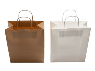 Two paper shopping bags one brown one white for retail and gift packaging transparent background