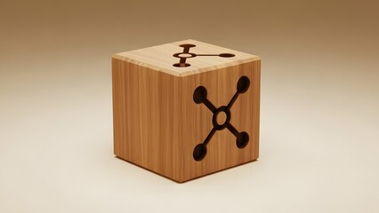 Obraz premium Wooden cube with carved design geometric pattern and natural wood grain