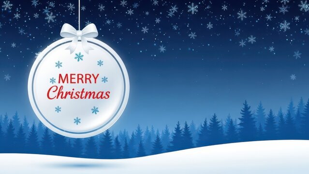 Festive christmas bauble with text against a serene winter forest landscape