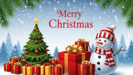 Merry christmas greeting card with snowman, tree, and gifts in snowy landscape