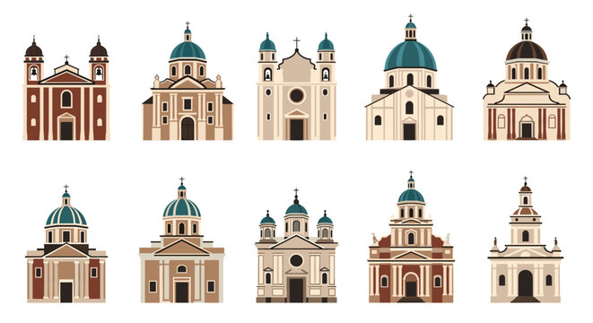 Collection of diverse, colorful pixel art churches and cathedrals in a flat design style.