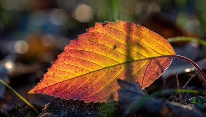 Obraz premium Vibrant autumn leaf displaying stunning colors in natural sunlight.