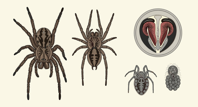 Illustration of different spiders including anatomical views and egg sacs.