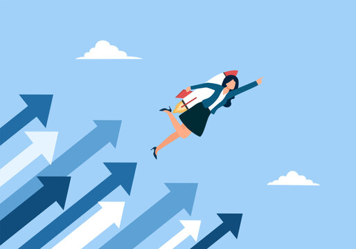 Career woman with jetpack flying to the sky. Metaphor for ambitious and successful female business person. Launch new business.