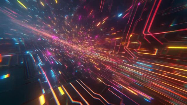 鮮やかなデジタル粒子が走る未来的テクスチャの躍動表現