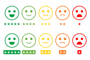 Customer satisfaction rating with stars concept. Customer satisfaction rating template. Feedback scale with emoticon faces, excellent good medium poor very bad user experience vector illustration.