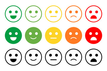 Satisfaction rating with different style. Customer satisfaction rating template. Feedback scale with emoticon faces, excellent, good, medium, poor, to very bad user experience vector illustration.