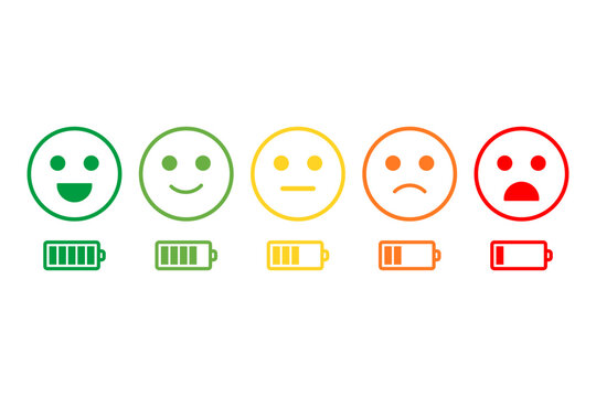 User satisfaction rating with battery concept. Customer satisfaction rating template. Feedback scale with emoticon faces, bad to good user experience vector illustration.