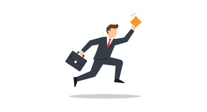 Running businessman holding a document rushing towards success representing ambition and a deadline in business contexts and achieving goals.