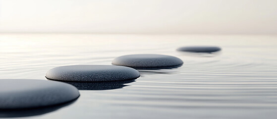 Zen path of stones on ocean n widescreen,  generative ai