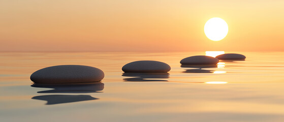 Zen path of stones on sunset in widescreen， Generative AI